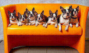 Boston Terriers sitting on a sofa